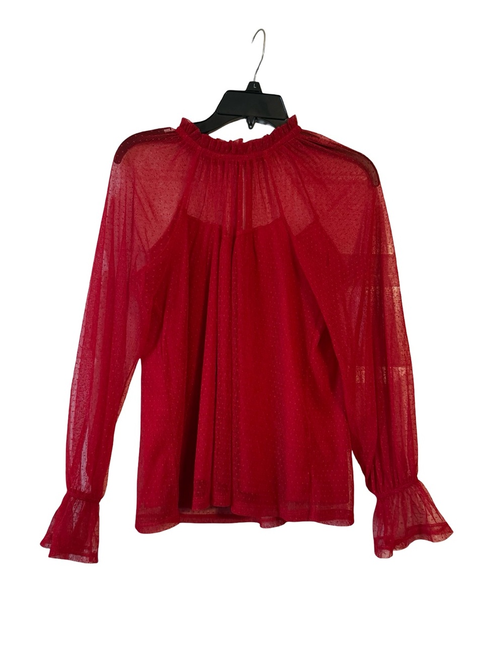 Women's Red Sheer Ruffle-Neck Blouse